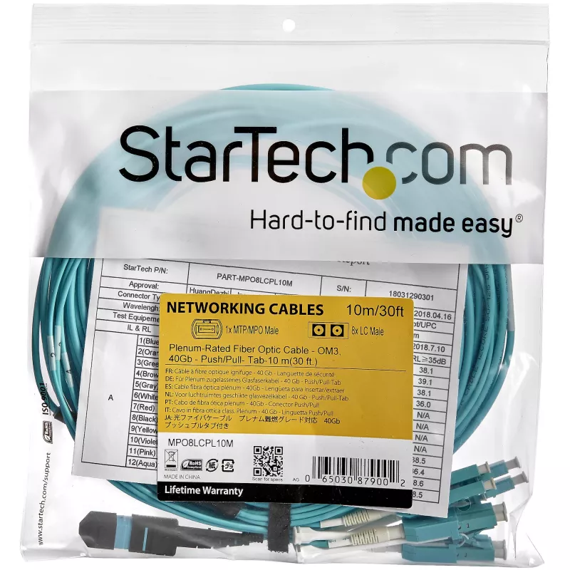 StarTech.com 10m MTP(F)/PC į 4x LC/PC Duplex Breakout OM3 daugiamodis šviesolaidinis kabelis, OFNP plenum, 40G tinklams, maži įterpimo nuostoliai