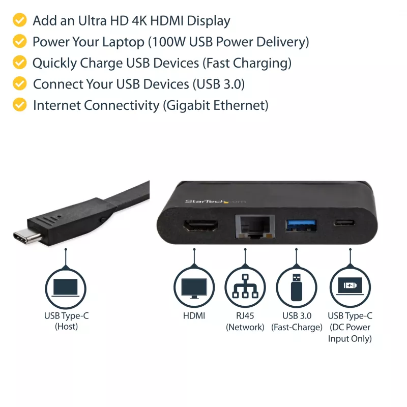 StarTech.com USB-C kelių prievadų adapteris – nešiojamas USB-C dokas su 4K HDMI, 100W PD 3.0 perdavimu, 1x USB-A, 1x USB-C, GbE – Thunderbolt 3 ir USB Type-C nešiojamojo kompiuterio kelioninis dokas, skirtas Mac ir Windows