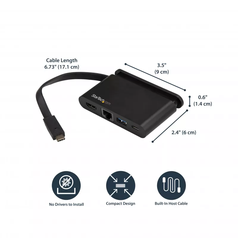 StarTech.com USB-C kelių prievadų adapteris – nešiojamas USB-C dokas su 4K HDMI, 100W PD 3.0 perdavimu, 1x USB-A, 1x USB-C, GbE – Thunderbolt 3 ir USB Type-C nešiojamojo kompiuterio kelioninis dokas, skirtas Mac ir Windows