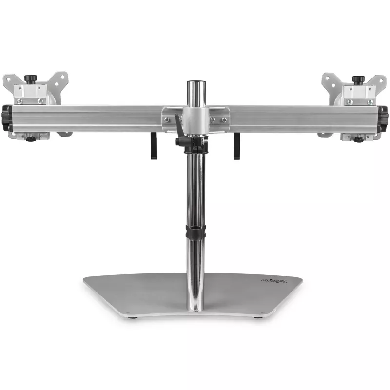 StarTech.com Dviejų monitorių stovas – ergonomiškas laisvai pastatomas stalinis stovas dviem 24 colių VESA monitoriams – sinchroninis aukščio reguliavimas – dvigubas stulpinis laikiklis – sidabrinis