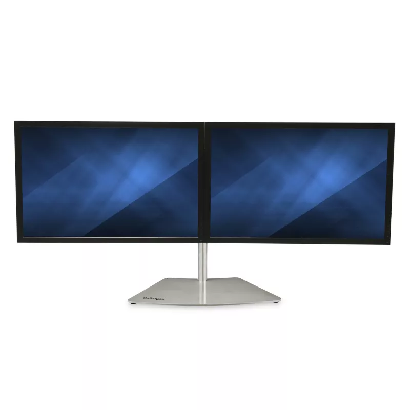 StarTech.com Dviejų monitorių stovas – ergonomiškas laisvai pastatomas stalinis stovas dviem 24 colių VESA monitoriams – sinchroninis aukščio reguliavimas – dvigubas stulpinis laikiklis – sidabrinis