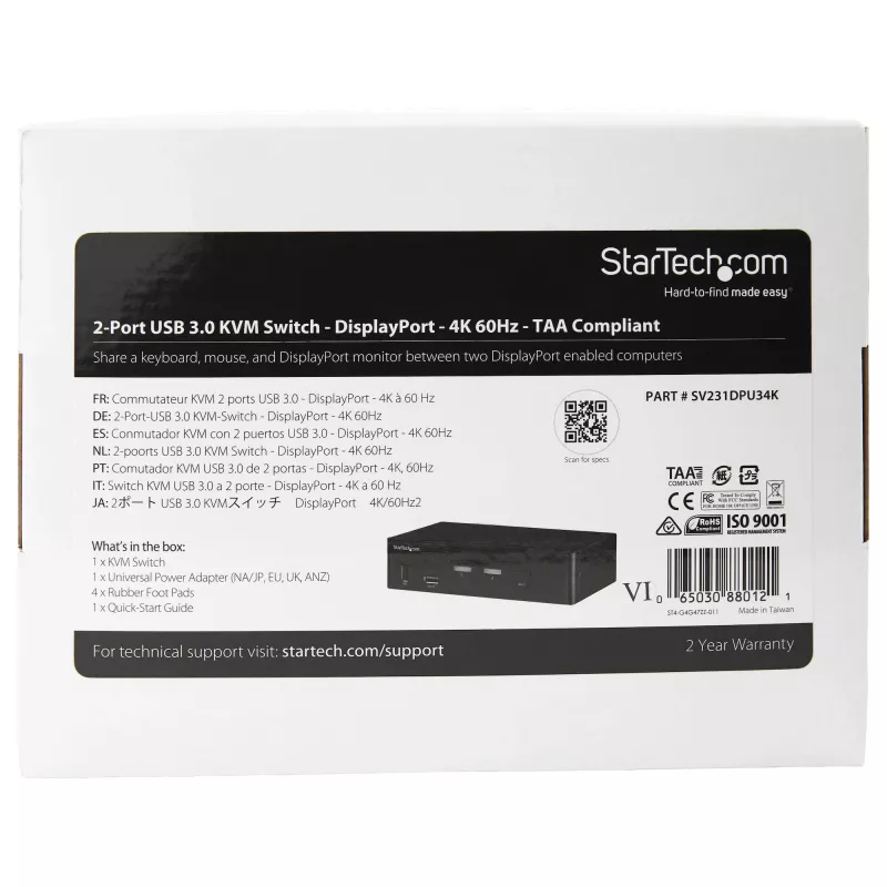 StarTech.com 2 prievadų DisplayPort KVM jungiklis - 4K 60Hz - vienas ekranas - dviejų prievadų UHD DP 1.2 USB KVM jungiklis su integruotu USB 3.0 šakotuvu ir garsu - Dell HP Apple Lenovo - TAA atitikmuo