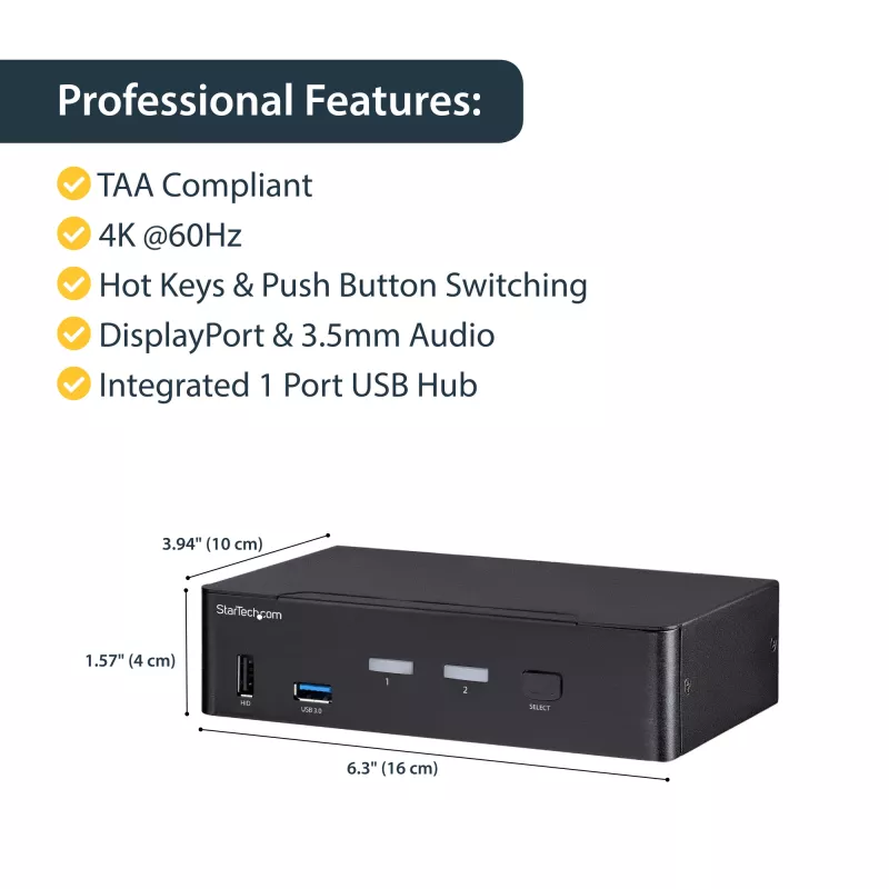 StarTech.com 2 prievadų DisplayPort KVM jungiklis - 4K 60Hz - vienas ekranas - dviejų prievadų UHD DP 1.2 USB KVM jungiklis su integruotu USB 3.0 šakotuvu ir garsu - Dell HP Apple Lenovo - TAA atitikmuo