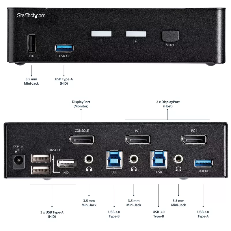 StarTech.com 2 prievadų DisplayPort KVM jungiklis - 4K 60Hz - vienas ekranas - dviejų prievadų UHD DP 1.2 USB KVM jungiklis su integruotu USB 3.0 šakotuvu ir garsu - Dell HP Apple Lenovo - TAA atitikmuo