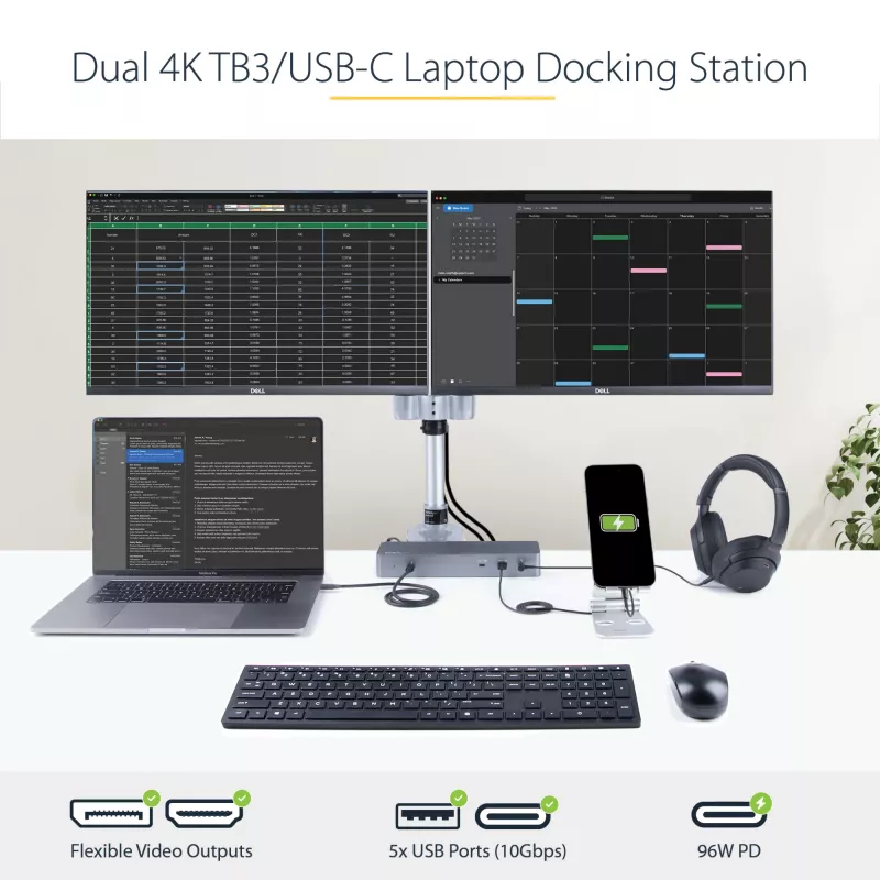 StarTech.com USB-C dokavimo stotelė, skirta Macbook Pro/Air-M1/M2/M3/M4, suderinama su Thunderbolt, HDMI/DisplayPort, dvigubas 4K 60Hz / vienas 8K, USB Type-C nešiojamojo kompiuterio dokas, 96W galios tiekimas, USB 10Gbps