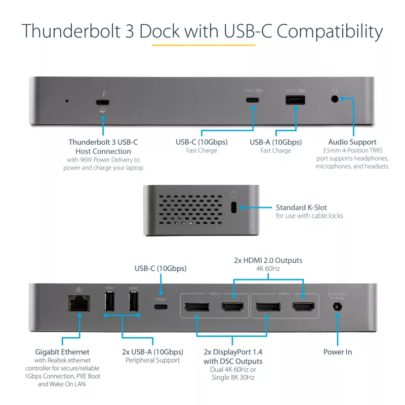 StarTech.com USB-C dokavimo stotelė, skirta Macbook Pro/Air-M1/M2/M3/M4, suderinama su Thunderbolt, HDMI/DisplayPort, dvigubas 4K 60Hz / vienas 8K, USB Type-C nešiojamojo kompiuterio dokas, 96W galios tiekimas, USB 10Gbps