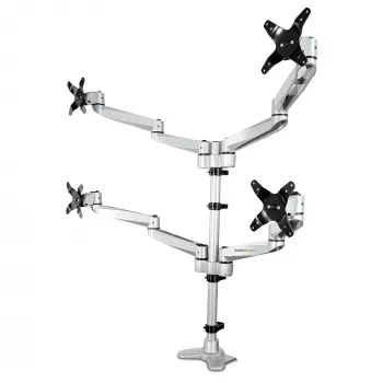 StarTech.com Kvadru monitorių laikiklis – Premium reguliuojamas VESA 4 monitorių stovas 2x2 iki 30 colių – Ergonomiškas aukščio reguliavimo stulpas – Pakreipimas/Pasukimas/Sukimas – C-Clamp/Grommet – Sidabrinis