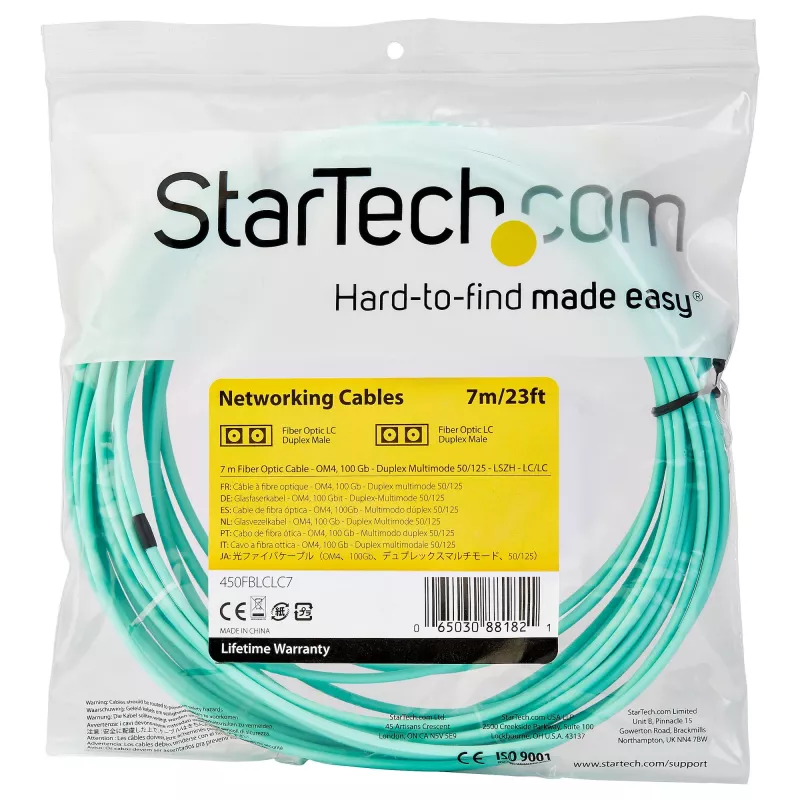 StarTech.com 7m (22ft) LC/UPC į LC/UPC OM4 daugiamodis šviesolaidinis kabelis, 50/125µm LOMMF/VCSEL Zipcord, 100G, maži įterpimo nuostoliai – LSZH šviesolaidinis trumpiklis