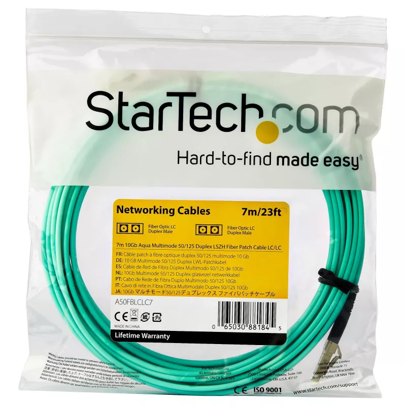 StarTech.com 7m (22 pėdų) LC/UPC į LC/UPC OM3 daugiamodis šviesolaidinis kabelis, pilnas dupleksas 50/125µm zipcord, 100G, maži įterpimo nuostoliai, LSZH šviesolaidinis trumpiklis