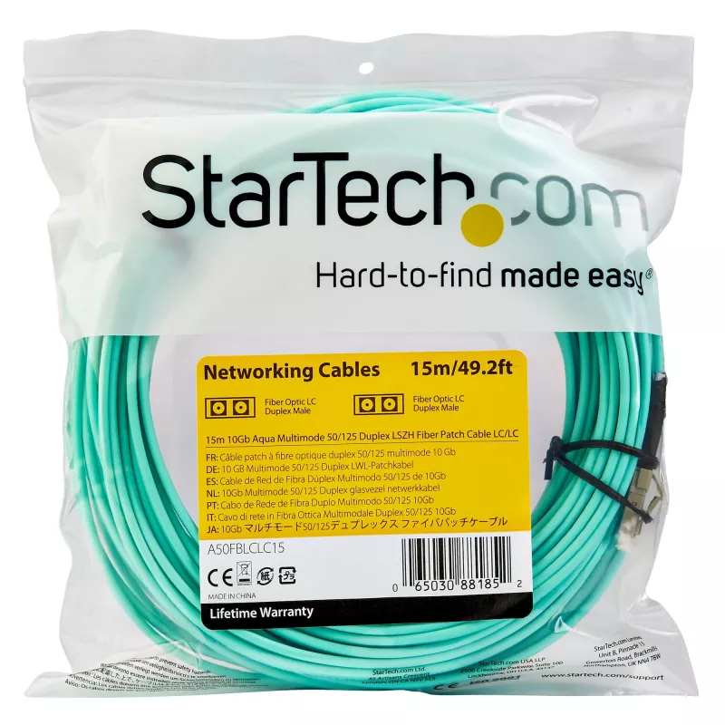 StarTech.com 15m LC/UPC į LC/UPC OM3 daugiamodis šviesolaidinis kabelis, pilnas dupleksas 50/125µm, 100G, maži nuostoliai, LSZH
