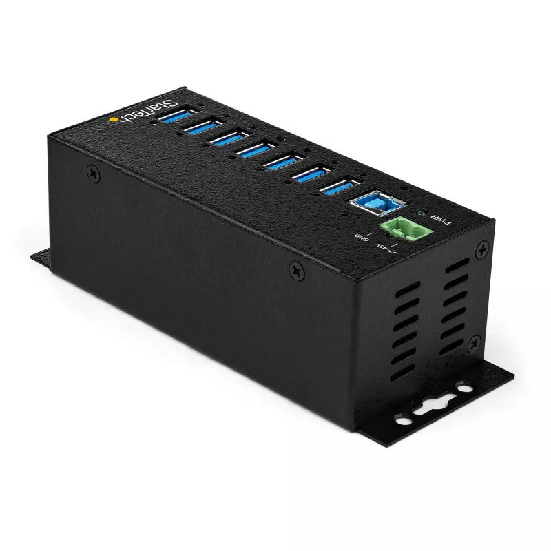 „StarTech.com“ 7 prievadų USB 3.0 centras su maitinimo adapteriu – metalinis pramoninis USB-A centras su ESD ir 350 W viršįtampio apsauga – montuojamas ant DIN bėgio, sienos ar stalo – didelės spartos USB 3.2 Gen 1 (5 Gbps) centras – TAA