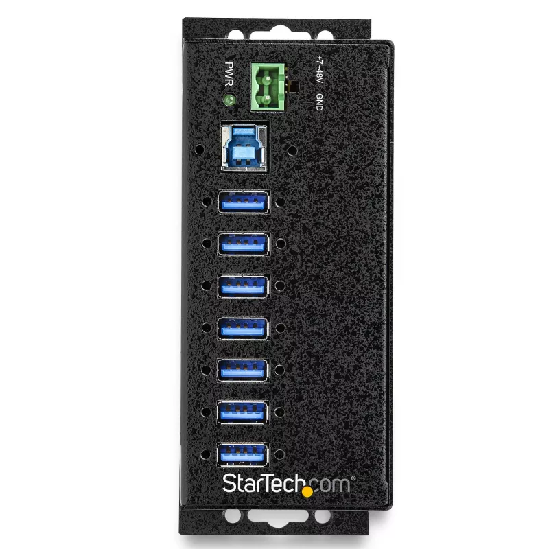 „StarTech.com“ 7 prievadų USB 3.0 centras su maitinimo adapteriu – metalinis pramoninis USB-A centras su ESD ir 350 W viršįtampio apsauga – montuojamas ant DIN bėgio, sienos ar stalo – didelės spartos USB 3.2 Gen 1 (5 Gbps) centras – TAA
