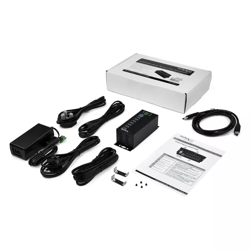 „StarTech.com“ 7 prievadų USB 3.0 centras su maitinimo adapteriu – metalinis pramoninis USB-A centras su ESD ir 350 W viršįtampio apsauga – montuojamas ant DIN bėgio, sienos ar stalo – didelės spartos USB 3.2 Gen 1 (5 Gbps) centras – TAA
