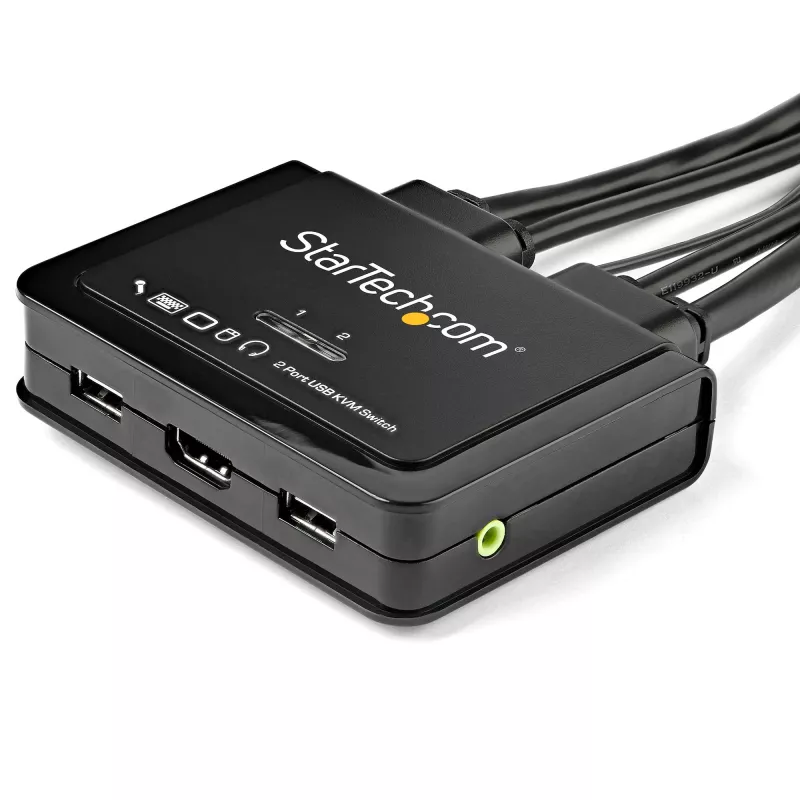 StarTech.com 2 prievadų HDMI KVM jungiklis - 4K 60Hz - Kompaktiškas dviejų prievadų UHD/Ultra HD USB stalinis KVM jungiklis su integruotais 1,2 m kabeliais ir garsu - maitinamas iš USB ir nuotolinis perjungimas - MacBook ThinkPad