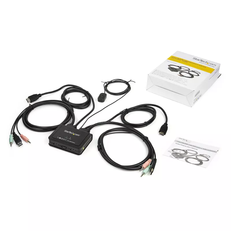 StarTech.com 2 prievadų HDMI KVM jungiklis - 4K 60Hz - Kompaktiškas dviejų prievadų UHD/Ultra HD USB stalinis KVM jungiklis su integruotais 1,2 m kabeliais ir garsu - maitinamas iš USB ir nuotolinis perjungimas - MacBook ThinkPad