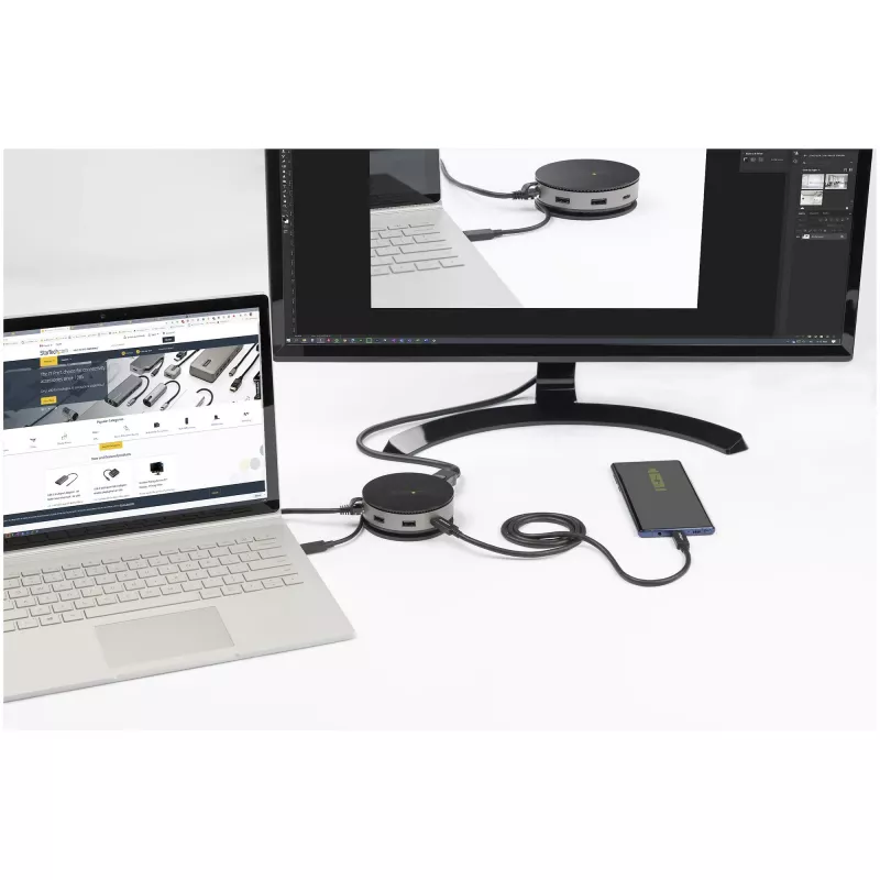 StarTech.com USB-C kelių prievadų adapteris – USB 3.1 Gen 2 10Gbps Type-C mini dokas su 4K 60Hz HDMI / DisplayPort arba 1080p VGA – 75W PD perdavimas, 3 prievadų USB šakotuvas, GbE – mobilioji dokavimo stotelė