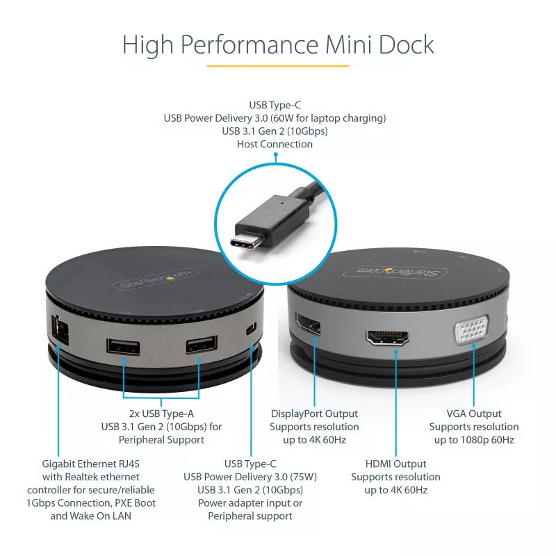 StarTech.com USB-C kelių prievadų adapteris – USB 3.1 Gen 2 10Gbps Type-C mini dokas su 4K 60Hz HDMI / DisplayPort arba 1080p VGA – 75W PD perdavimas, 3 prievadų USB šakotuvas, GbE – mobilioji dokavimo stotelė