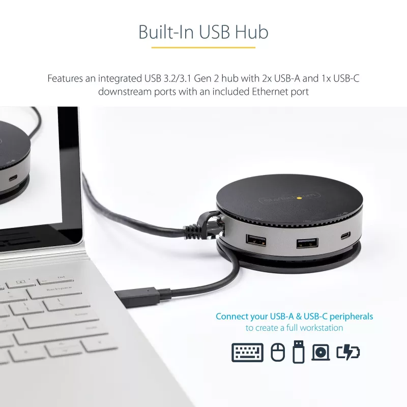 StarTech.com USB-C kelių prievadų adapteris – USB 3.1 Gen 2 10Gbps Type-C mini dokas su 4K 60Hz HDMI / DisplayPort arba 1080p VGA – 75W PD perdavimas, 3 prievadų USB šakotuvas, GbE – mobilioji dokavimo stotelė