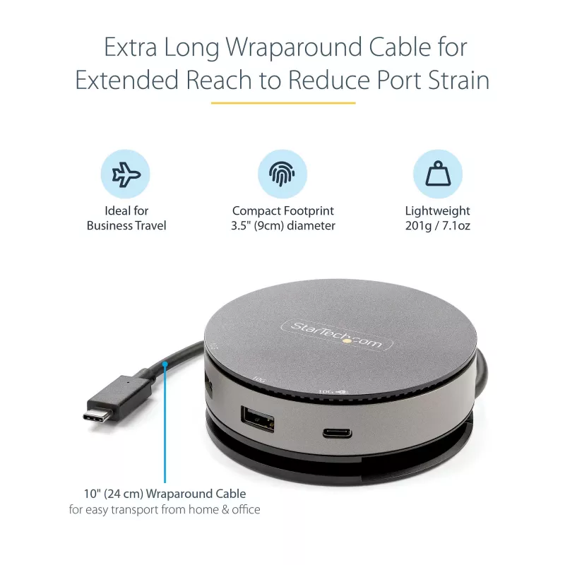 StarTech.com USB-C kelių prievadų adapteris – USB 3.1 Gen 2 10Gbps Type-C mini dokas su 4K 60Hz HDMI / DisplayPort arba 1080p VGA – 75W PD perdavimas, 3 prievadų USB šakotuvas, GbE – mobilioji dokavimo stotelė