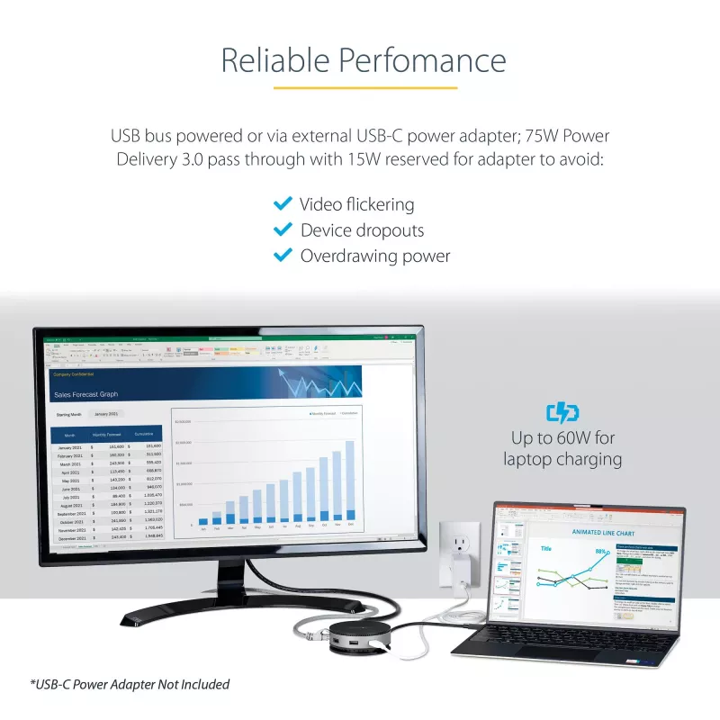 StarTech.com USB-C kelių prievadų adapteris – USB 3.1 Gen 2 10Gbps Type-C mini dokas su 4K 60Hz HDMI / DisplayPort arba 1080p VGA – 75W PD perdavimas, 3 prievadų USB šakotuvas, GbE – mobilioji dokavimo stotelė