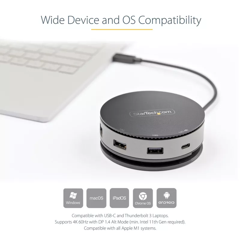 StarTech.com USB-C kelių prievadų adapteris – USB 3.1 Gen 2 10Gbps Type-C mini dokas su 4K 60Hz HDMI / DisplayPort arba 1080p VGA – 75W PD perdavimas, 3 prievadų USB šakotuvas, GbE – mobilioji dokavimo stotelė