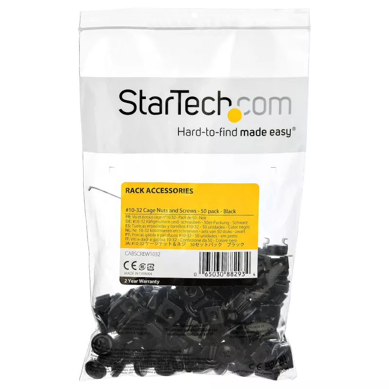 StarTech.com 50 vnt. 10-32 serverio stovo fiksavimo veržlės ir varžtai su poveržlėmis - stovo montavimo rinkinys - tinklo/IT įrangos spintos laikikliai/veržlės ir varžtai kvadratinėms skylėms - juodi - TAA