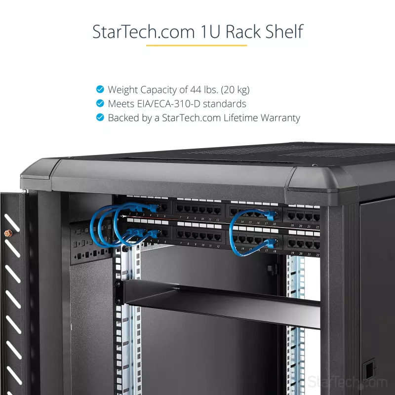 StarTech.com 1U serverinė lentyna – universali konsolinė lentyna 19 colių tinklo įrangos stovui ir spin tai, tvirto plieno, keliamoji galia 20 kg, 16 colių gylio padėklas, juoda