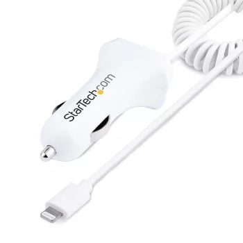 StarTech.com automobilinis įkroviklis su susuktu Lightning kabeliu, 1 m, 12 W, baltas, 2 USB prievadai