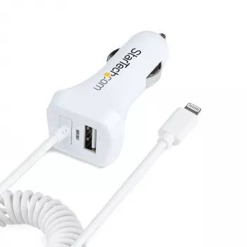 StarTech.com automobilinis įkroviklis su susuktu Lightning kabeliu, 1 m, 12 W, baltas, 2 USB prievadai