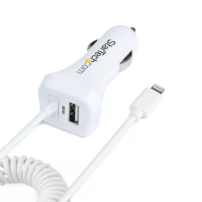 StarTech.com automobilinis įkroviklis su susuktu Lightning kabeliu, 1 m, 12 W, baltas, 2 USB prievadai