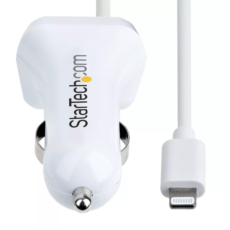 StarTech.com automobilinis įkroviklis su susuktu Lightning kabeliu, 1 m, 12 W, baltas, 2 USB prievadai