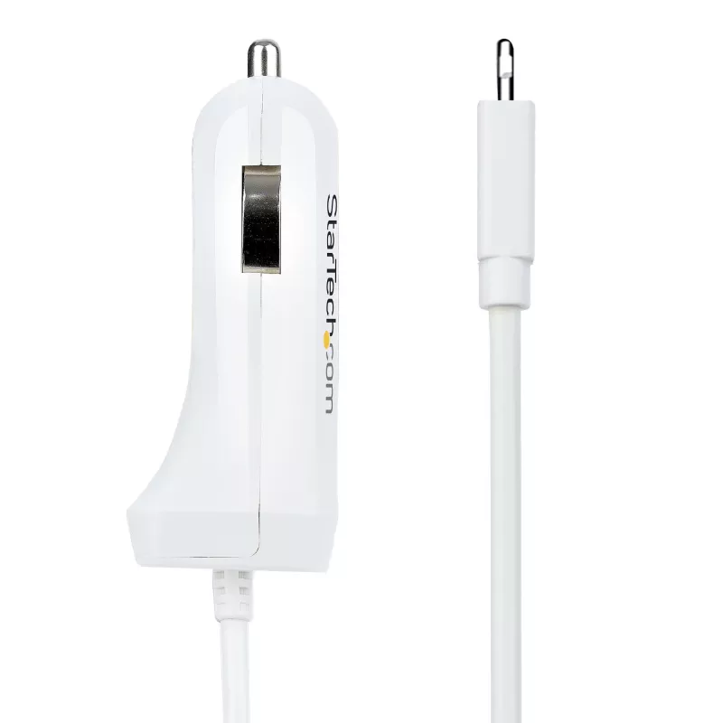 StarTech.com automobilinis įkroviklis su susuktu Lightning kabeliu, 1 m, 12 W, baltas, 2 USB prievadai