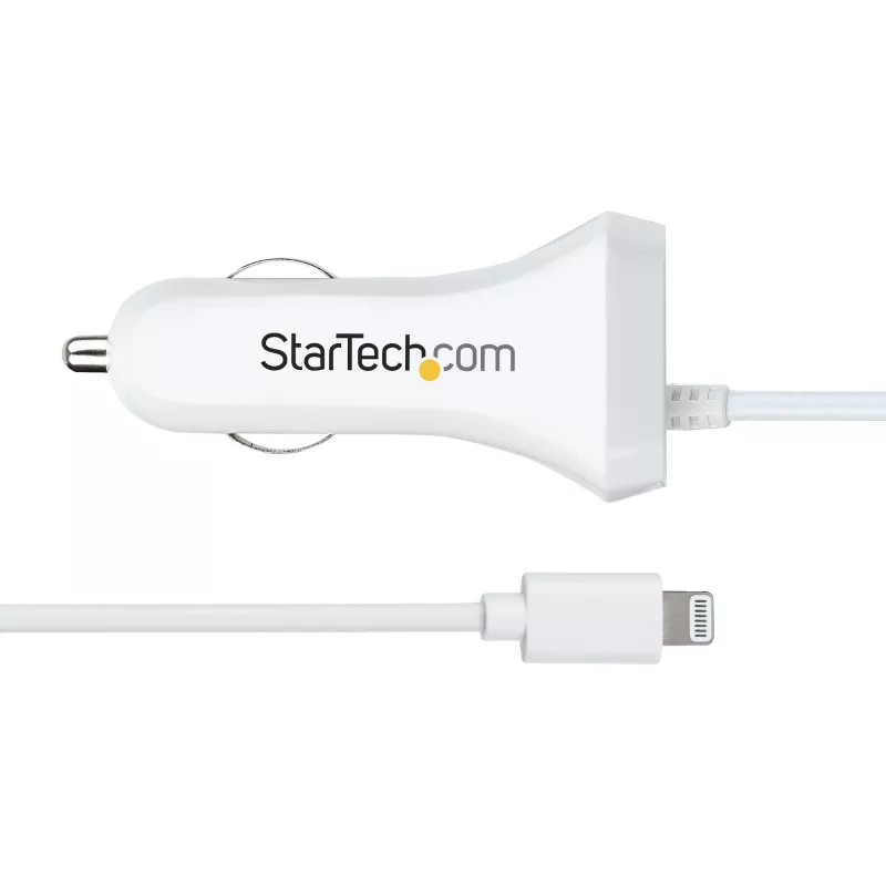 StarTech.com automobilinis įkroviklis su susuktu Lightning kabeliu, 1 m, 12 W, baltas, 2 USB prievadai