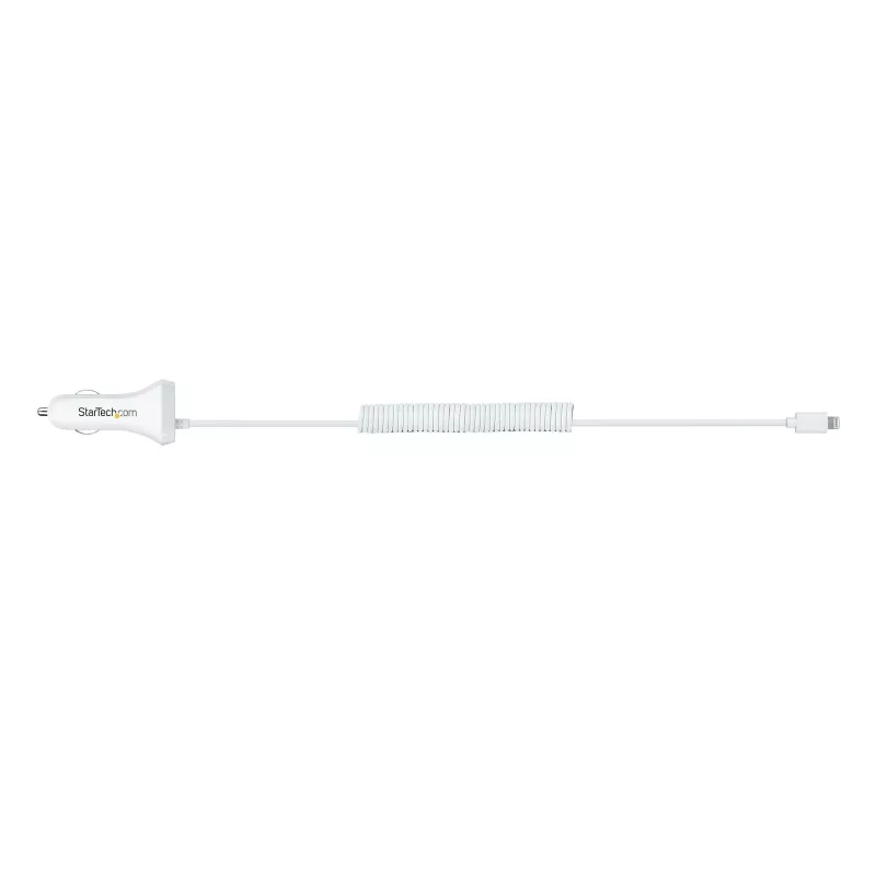 StarTech.com automobilinis įkroviklis su susuktu Lightning kabeliu, 1 m, 12 W, baltas, 2 USB prievadai