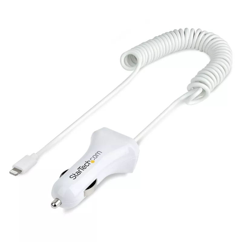 StarTech.com automobilinis įkroviklis su susuktu Lightning kabeliu, 1 m, 12 W, baltas, 2 USB prievadai