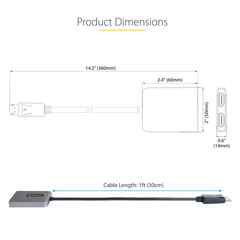StarTech.com DP į Dual HDMI MST HUB - Dvigubas HDMI 4K 60Hz - DisplayPort kelių monitorių adapteris su 30 cm kabeliu - DP 1.4 kelių srautų transporto šakotuvas, DSC | HBR3 - DP į HDMI skirstytuvas