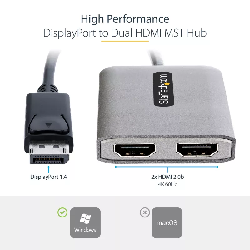 StarTech.com DP į Dual HDMI MST HUB - Dvigubas HDMI 4K 60Hz - DisplayPort kelių monitorių adapteris su 30 cm kabeliu - DP 1.4 kelių srautų transporto šakotuvas, DSC | HBR3 - DP į HDMI skirstytuvas