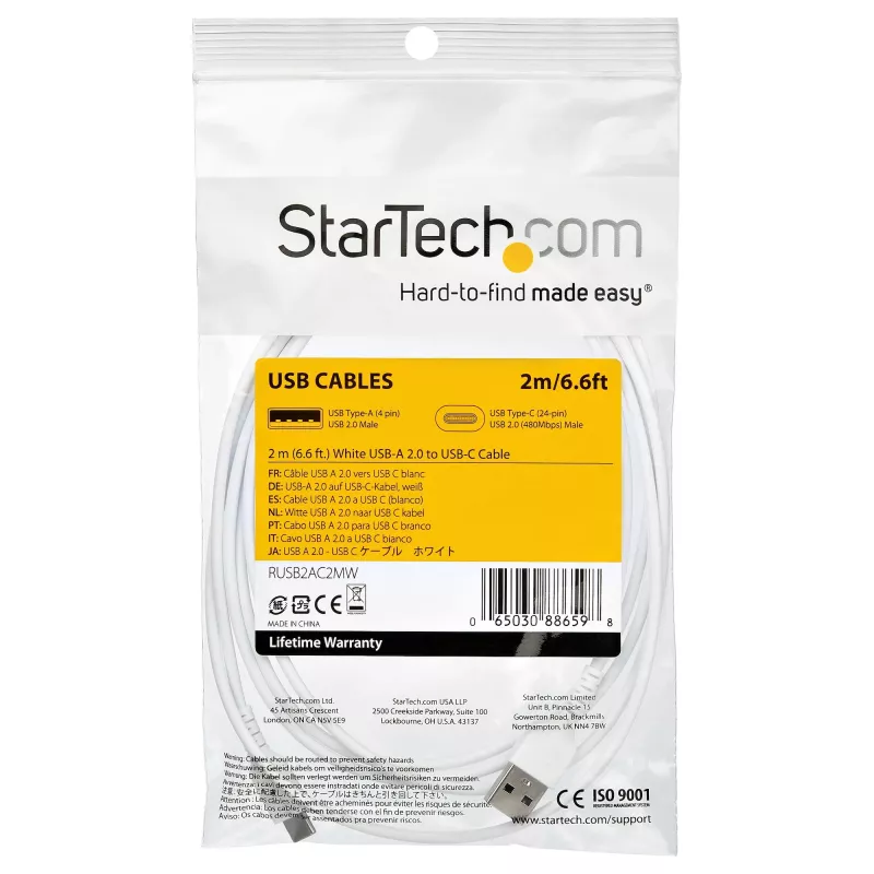 StarTech.com 2m USB A į USB C įkrovimo laidas – patvarus greitas įkrovimas ir sinchronizavimas USB 2.0 į USB Type C duomenų laidas – tvirtas TPE apvalkalas, aramido pluoštas, M/M, 3A, baltas – Samsung S10, iPad Pro, Pixel