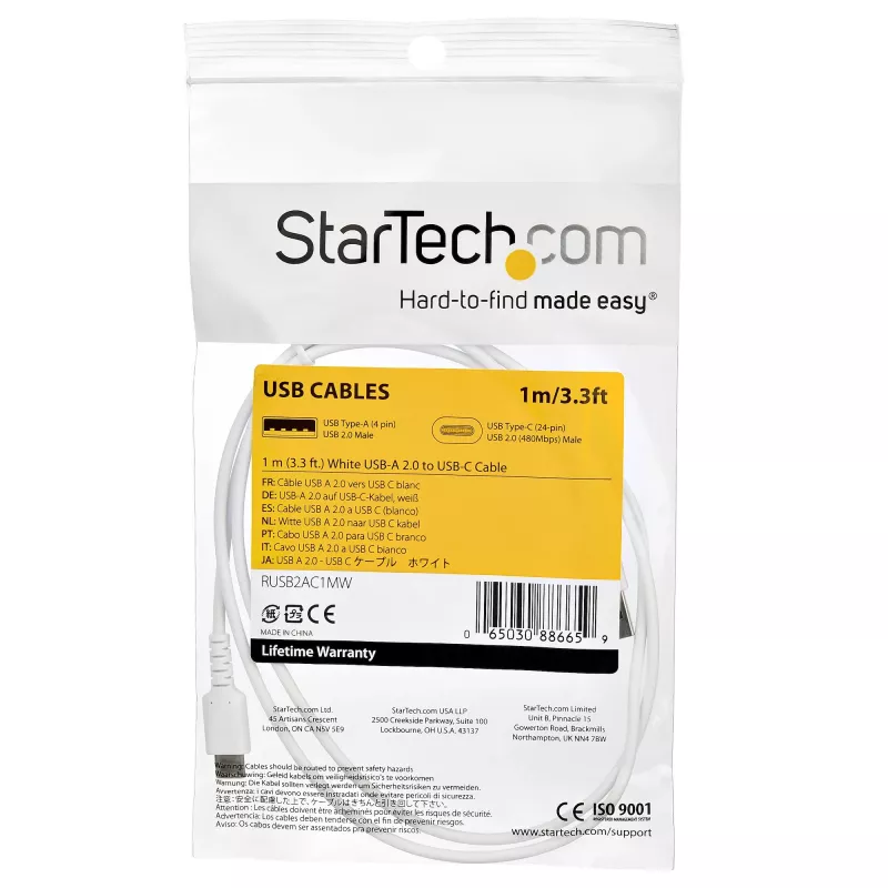 StarTech.com 1m USB A į USB C įkrovimo laidas – patvarus greitas įkrovimas ir sinchronizavimas USB 2.0 į USB Type C duomenų laidas – tvirtas TPE apvalkalas, aramido pluoštas, M/M, 3A, baltas – Samsung S10, iPad Pro, Pixel