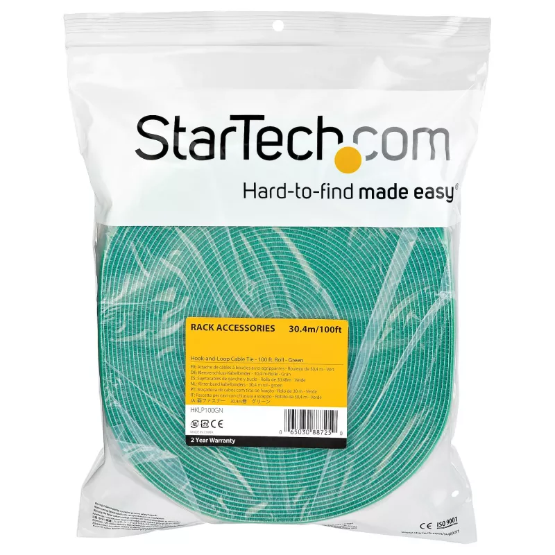 StarTech.com 100ft kabliuko ir kilpos juosta – pjaustomi daugkartiniai kabelių raiščiai, pramoninė vielų fiksavimo juosta / reguliuojami audiniai apvyniojimai, žalia / savaime susitraukiantys kabelių tvarkymo dirželiai