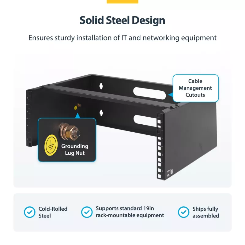 StarTech.com 4U sieninis tinklo stovas – 14 colių gylio (žemo profilio) – 19 colių pataisų skydelio laikiklis sekliems serveriams ir IT įrangai, tinklo jungikliams – 20 kg talpa, juodas