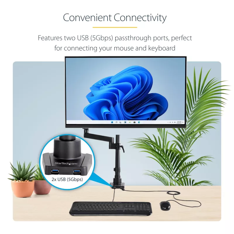 StarTech.com ARMPIVOT2USB3 laikiklis monitoriui ant stalo su 2 USB 3.0 prievadais, pilnas judesys, iki 34 colių (8 kg), VESA, spaustuvinis/įleidžiamas montavimas, mechaninė spyruoklė