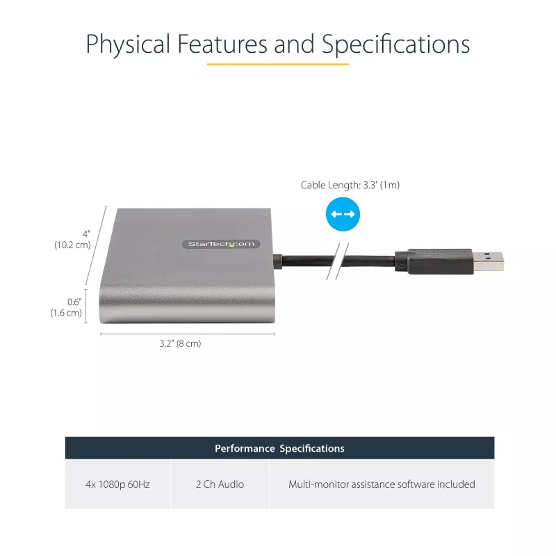 StarTech.com USB 3.0 į 4x HDMI adapteris, USB į 4 monitorius, skirta Windows (neveikia su macOS/ChromeOS/Linux) - TAA