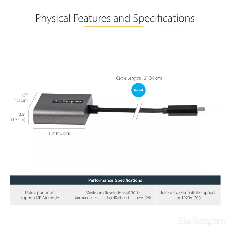 StarTech.com USB-C į DVI adapteris – 1920x1200p USB-C į DVI-D adapteris – USB Type C į DVI monitorių – vaizdo keitiklis – suderinamas su Thunderbolt 3 – 12 colių ilgio kabelis – atnaujinta CDP2DVI versija