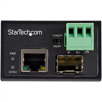 StarTech.com pramoninis medijos keitiklis iš šviesolaidžio į Ethernet - 100Mbps SFP į RJ45/Cat6 - vienmodis/daugiamodis optinis pluoštas į varinį tinklą - 12-56V DC - IP-30 / -40 iki +75C