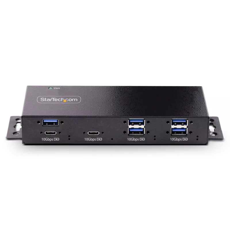 StarTech.com 7 prievadų pramoninis USB 10Gbps šakotuvas su maitinimo adapteriu, metalinis, montuojamas, 5x USB-A ir 2x USB-C išvesties prievadai, ESD apsauga, maitinamas USB šakotuvas, TAA