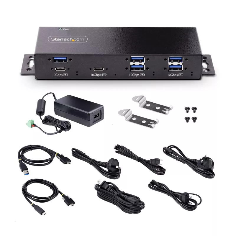 StarTech.com 7 prievadų pramoninis USB 10Gbps šakotuvas su maitinimo adapteriu, metalinis, montuojamas, 5x USB-A ir 2x USB-C išvesties prievadai, ESD apsauga, maitinamas USB šakotuvas, TAA