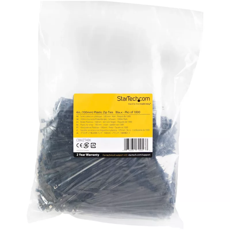 StarTech.com 10 cm kabelių raišteliai - 2 mm pločio, 22 mm ryšulio skersmuo, 8 kg tempimo stipris, nailoniniai savaime užsifiksuojantys raišteliai su lenktu galu - 94V-2/UL sertifikuoti, 1000 vnt. pakuotė - juodi