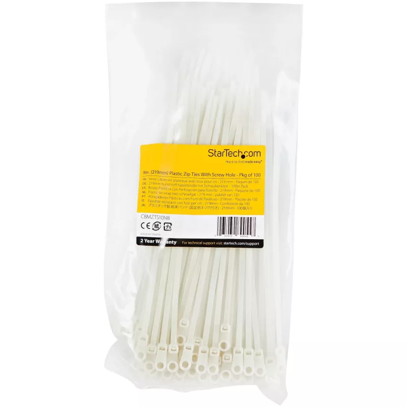 StarTech.com 8 colių (20 cm) kabelių raiščiai su tvirtinimo anga – 1/8 colio (4 mm) pločio, 2 colių (52 mm) ryšulio skersmuo, 50 svarų (22 kg) tempimo stipris, nailoniniai 66 savaime užsifiksuojantys raiščiai su varžto anga, UL sertifikuoti, 100 vnt. paku