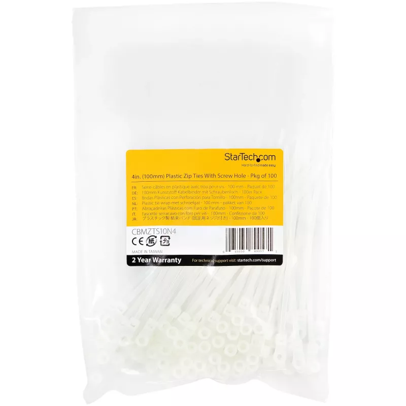 StarTech.com 4 colių (10 cm) kabelių raiščiai su tvirtinimo anga - 1/16 colio (2 mm) pločio, 7/8 colio (24 mm) ryšulio skersmuo, 18 svarų (8 kg) tempimo stiprumas, Nylon 66, savaime fiksuojantys, su varžto anga, UL sertifikuoti, 100 vnt.